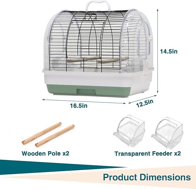 Portable Bird Cage Carrier, Travel Parrot Cage with 2 Perches, 2 Food Bowls and Tray, Metal Parakeet Cages for Small to Medium Sized Birds Cockatiels Lovebirds Canaries Budgies