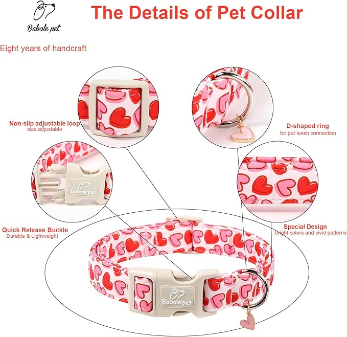 Valentines Dog Collar for Small Dogs - Pink Valentine Hearts Dog Collars, Girly Love Female Dogs Collars, Lightweight Adjustable Cute Puppy Collar with Quick-Release Buckle S