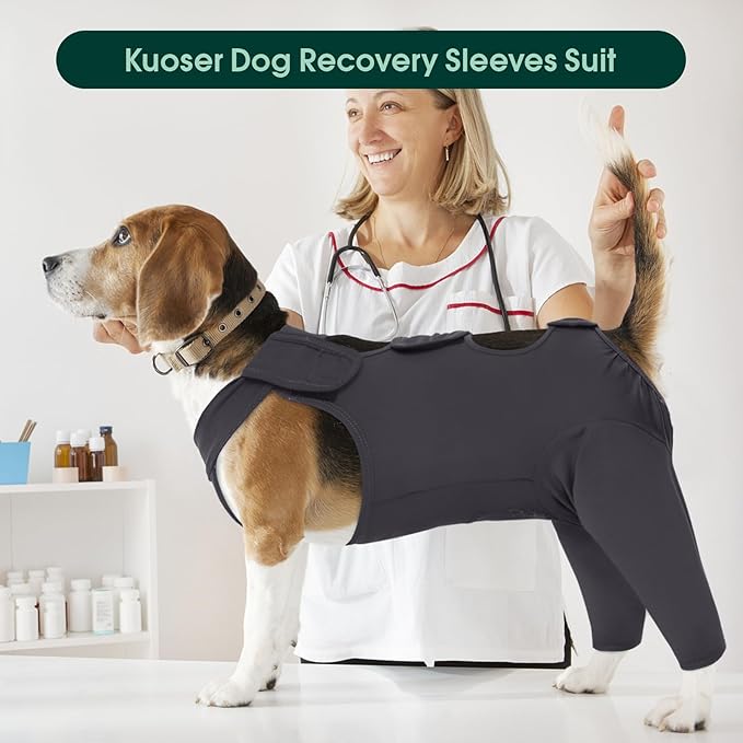 Kuoser Dog Surgery Recovery Suit, Thigh Wound Protective Sleeve for Dogs, Dog Recovery Sleeve for Female Male Dogs, Pet Surgical Suit for Spay Neuter, Dog Onesie After Surgery, Gray M