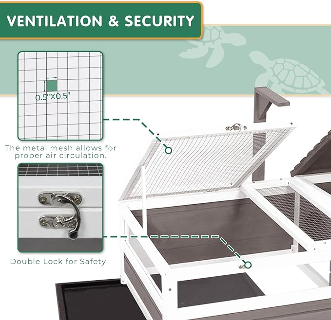 Tortoise Habitat Tank Indoor Outdoor, Wooden Tortoise House with Detachable Legs, 2-Room Reptile Turtle Enclosure Cage for Small Animals, Lamp Holder, Leakproof Tray, Grey
