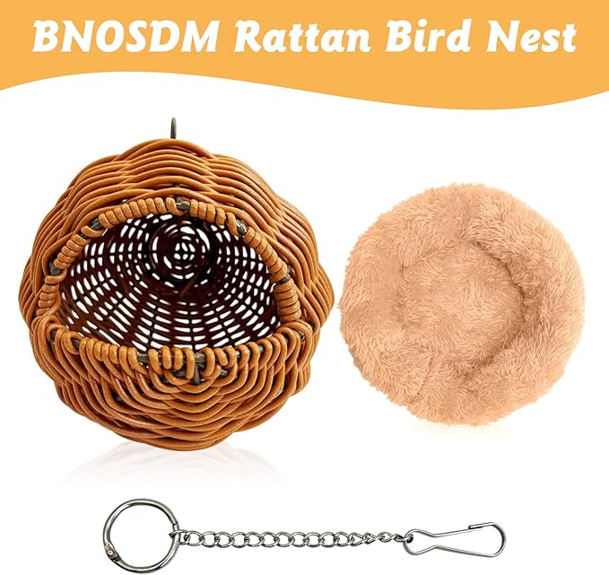 BNOSDM Rattan Parrot Nesting House Bird Nest Parakeet Hanging Swing Soft Lovebird Warm Bed Sleeping for Parrots Bird Cage Accessories for Cockatiels Budgerigars Finches Canaries (Khaki & Brown)