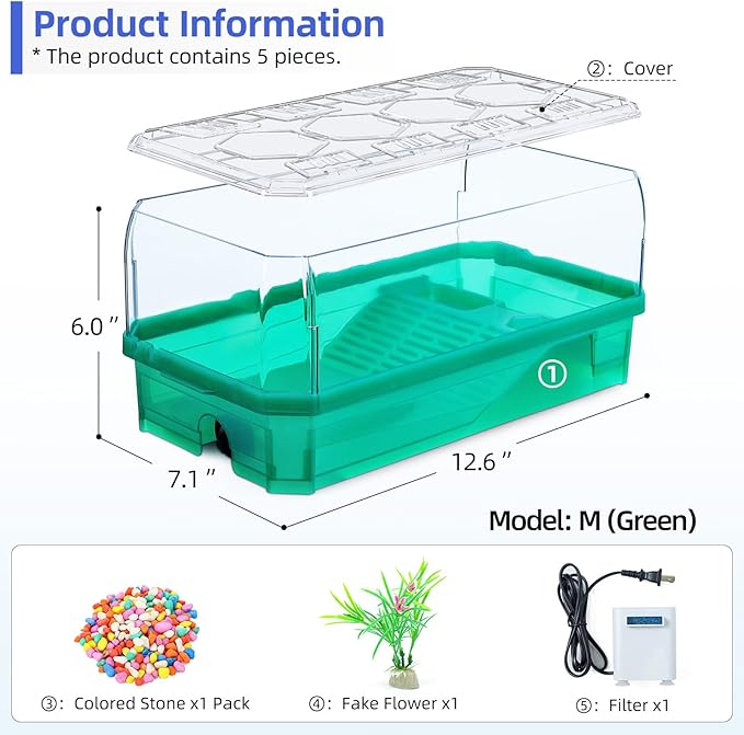 Turtle cage Tortoise Terrarium with Pump＆Filter with Shower Function Easy to Change Water and Clean Water for Turtle Horned Frog Hermit Crab (Green, Medium)