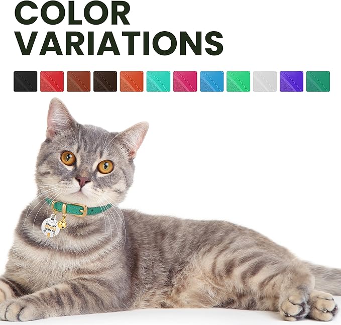 BRONZEDOG Leather Cat Collar with Removable Bells Non Breakaway Kitten QR Tag for Girl Boy (7" - 9" for Cats, Light Brown & Gold)