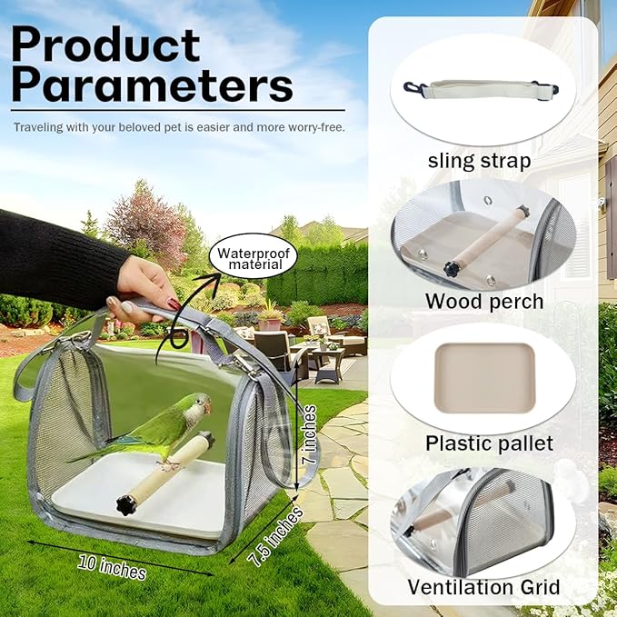 Portable Bird Travel Carrier with Breathable Mesh Windows Hands Free Parrot Backpack for Vet Visit Shopping Hiking, Clear View Small Pet Cage with Easy Clean Removable Tray and Perch