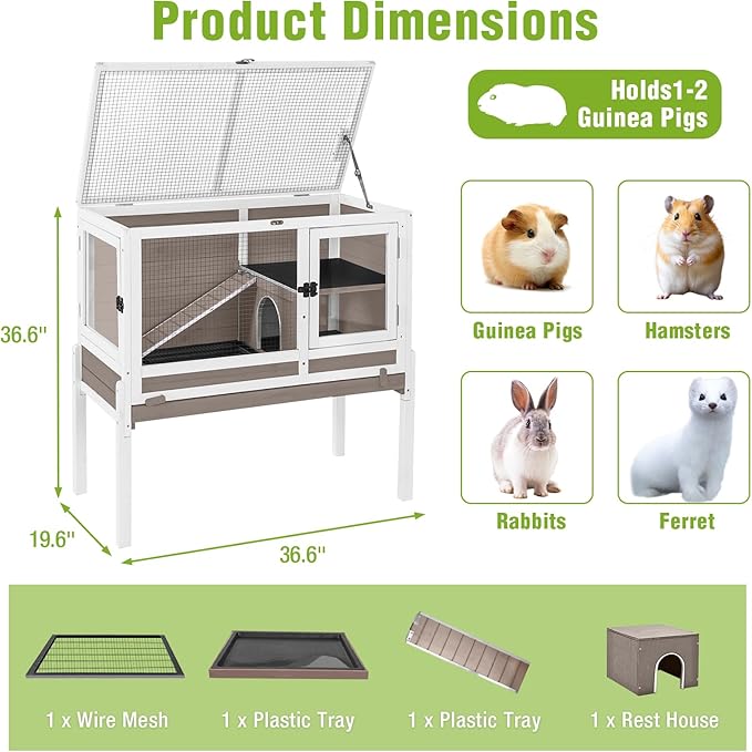 Indoor Rabbit Hutch Guinea Pig Cages with Chew-Proof Ramp, 2-Story Wooden Bunny House with Pull-Out Tray & Leakproof PVC Layer, Small Animal Cage with Detachable Legs (Brown)