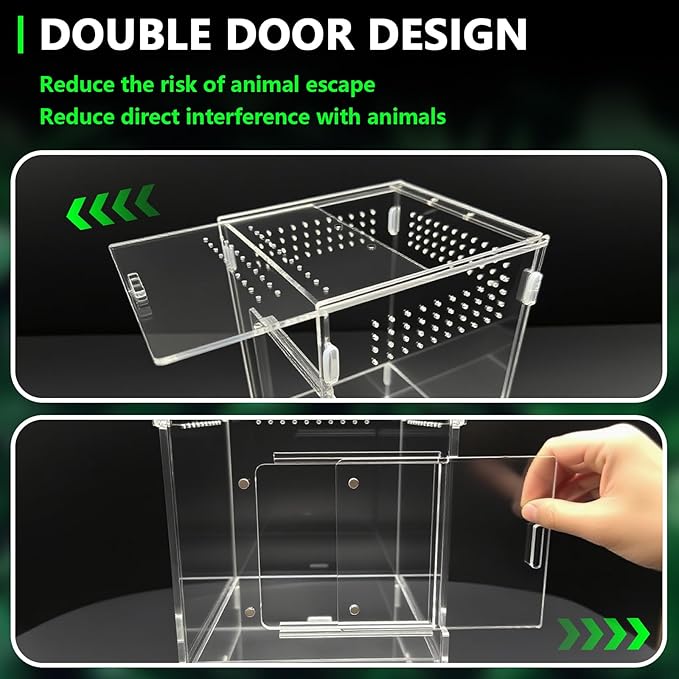Acrylic Jumping Spider Habitat, Insect Terrarium, for Spiders, Tarantulas, Snail, Mantis, Lizard, and Small Reptiles, with Two Magnetic Doors and one Feeding Trough (6x6x9 inch)