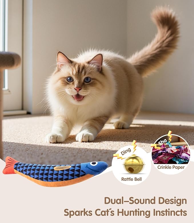 Cat Toys with[5000mg A+Natural Catnip &Silvervine] [Baby Grade] Interactive Soft Chew Kicker Cat Toys for Indoor Cats & Kittens, [Crinkle &Bell] Fish Sound Toy, Drives Bored Cat Crazy with Fun