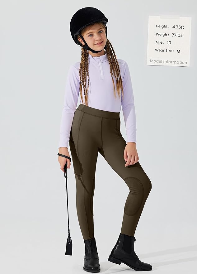 Willit Girls Horse Riding Pants Tights Kids Equestrian Breeches Knee-Patch Youth Schooling Tights Zipper Pockets