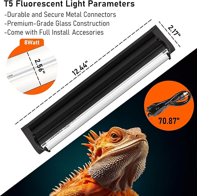 T5 10.0 UVB Light Fixture for Reptiles, 8W UVA UVB HO Reptiles Light Bulbs for Bearded Dragon, Leopard Gecko, Tortoise, Desert Lizards,Reptile & Amphibian Lamp, T5 Tube Uvb Bulb 12 Inch