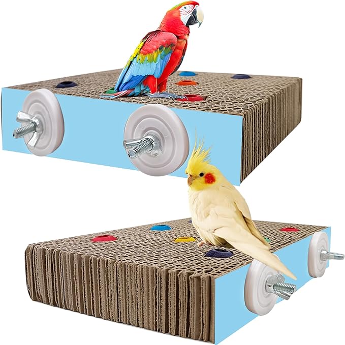2PCS Bird Chew Toys Parrot Cardboard Perch for Cage Bird Resting Platform Stand with Colorful Beads Parrot Playground Exercise Toys Parakeets Cage Accessories for Conures, Budgies