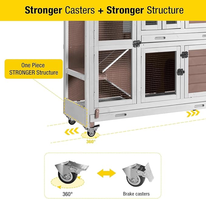 Aivituvin Rabbit Hutch Bunny Cage with Wheels Indoor Outdoor Two Story Guinea Pig Cage with 2 Deep No Leak Tray