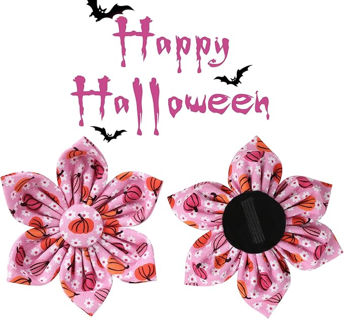 Halloween Pumpkin Dog Collar with Flower, Pink Halloween Puppy Flower Collar with Adjustable Metal Buckle,Fancy Halloween Dog Collar Bowtie Gift for Girl Boy Dog,XL