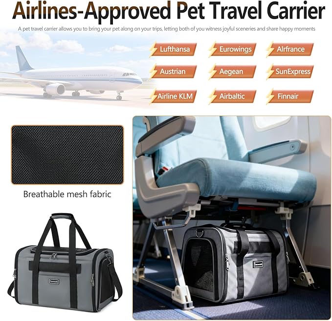 Cat Travel Carrier .Foldable Dog Carrier Bag, Soft Sided cat Carrier up to 20 Lbs,Pet Carrier Soft-Sided Escape Proof with 4 Ventilated Windows, Airline Approved Cat Carrier (Grey)