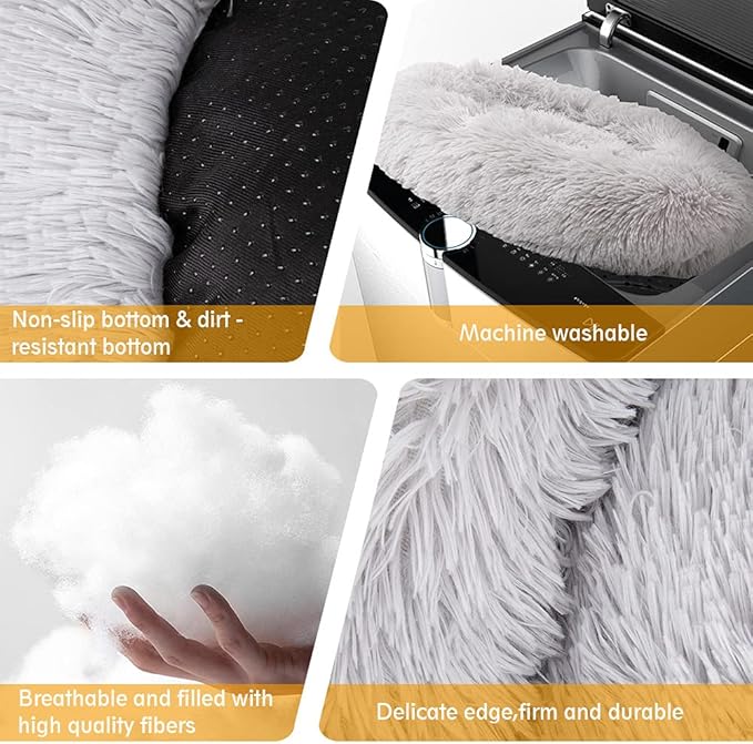 Original Calming Donut Dog and Cat Bed in Shag Fur, Dog Beds for Melium Dogs, Anti Anxiety Round Fluffy Plush Faux Fur Pet Bed, Light Grey, 27.6x27.6