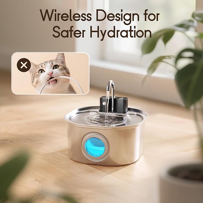 Voluas Cat Water Fountain Stainless Steel: 108oz/3.2L Wireless Cat Fountain Battery Operated for Drinking Indoor, Automatic Pet Water Dispenser Bowl with Ultra Quiet Pump, Easy Clean BPA-Free