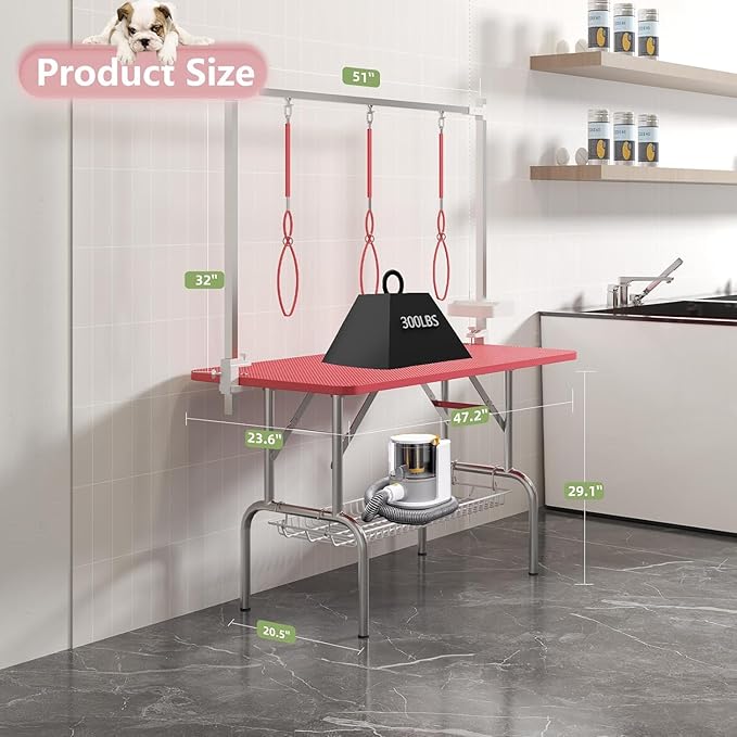 47'' Dog Grooming Table for Large Dogs, Foldable Grooming Table for Dogs at Home with Adjustable Arm & Clamp, Non-Slip Waterproof Top, Mesh Tray & Tool Holder, Stainless Steel Legs, 330LBS Capacity