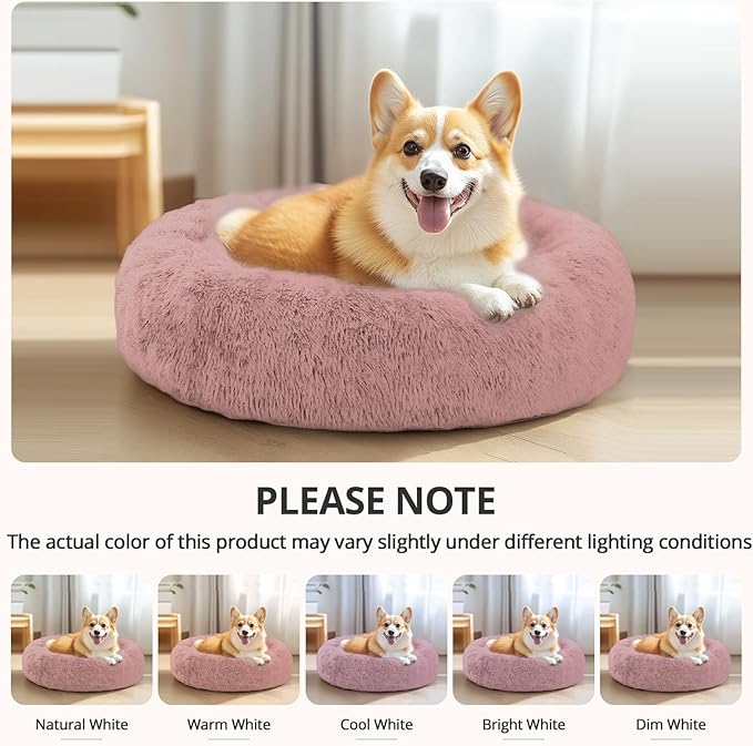 JOLLYVOGUE Calming Dog & Cat Bed for Large Dogs, Anti-Anxiety Donut Cuddler Cozy Soft Round Bed with Anti-Slip Bottom, Fluffy Faux Fur Plush Cushion Beds for Medium Dogs (36")