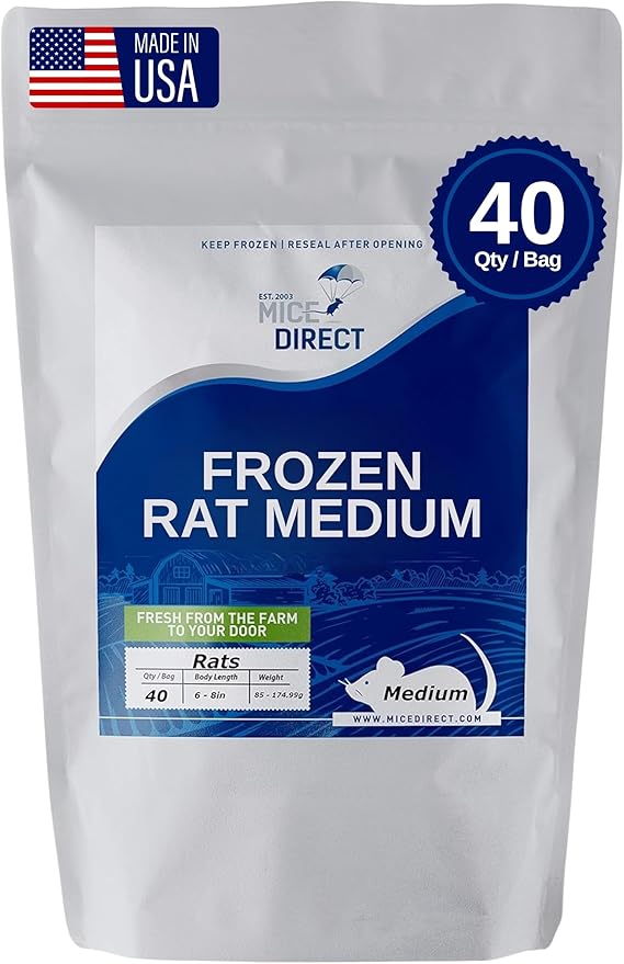 MiceDirect Frozen Rat Medium Feeder Food Adult Ball Pythons, Monitors, Lizards & Birds of Prey - 100 Grams (6-8 in Pack of 40)