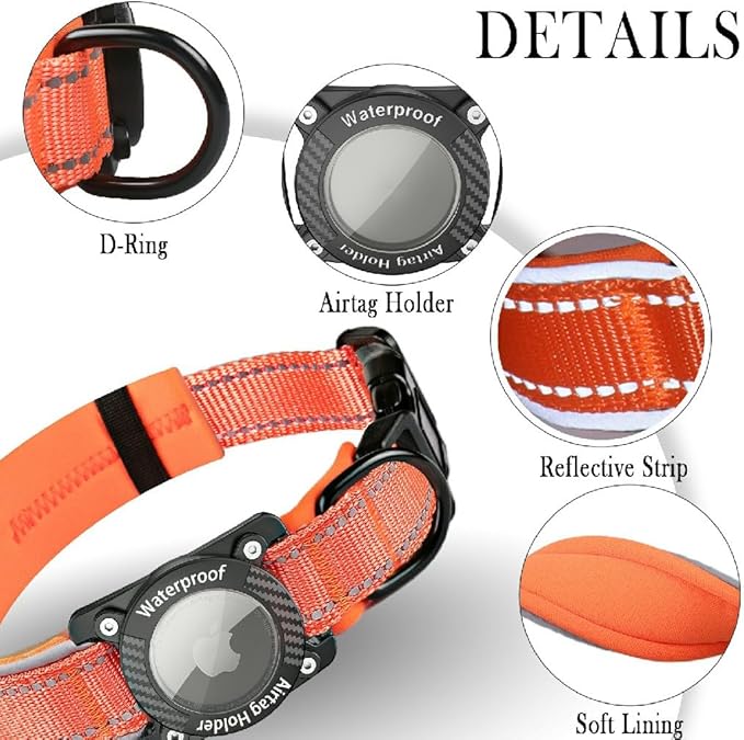 Upgraded AirTag Dog Collar, IP68 Waterproof Dog Collar with Apple Air Tag Holder, Reflective Adjustable Heavy Duty Dog Collars with Soft Padded for Small, Medium and Large Dogs,Orange, XL