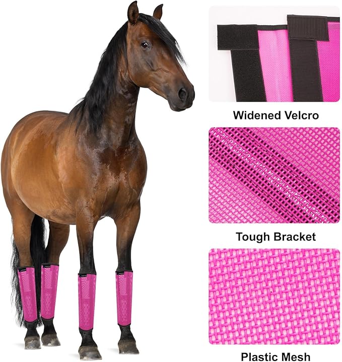 FOXLVDA Fly Boots for Horses Set of 4, Comfortable Horse Leggings, Mesh Material Design with Metal Support Bars for Reduces Stomping & Leg Fatigue (Pink, Medium)