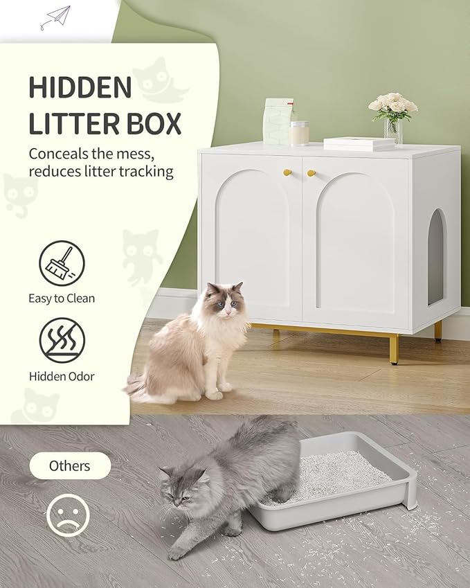 Cat Litter Box Enclosure, Hidden Litter Box Furniture Cabinet, Wooden Indoor Cat House, Side End Table, Living Room, Bedroom, White and Gold CB85003G