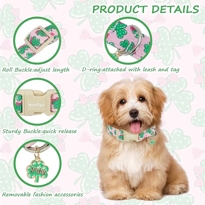 St. Patrick's Day Dog Collar,Pink Bow with Lucky Shamrock Puppy Collar,Adjustable Spring Cotton Collars Gifts for Small Medium Large Dogs,Dog Accessories M