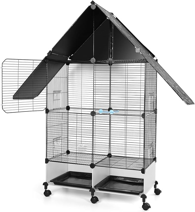House Shape Bird Cage with Rolling Stand - Large 2 Tier Iron Bird Cage with Lock, Spacious Flight Habitat for Parakeets & Cockatiels, Easy Mobility Safe Home for Small Birds