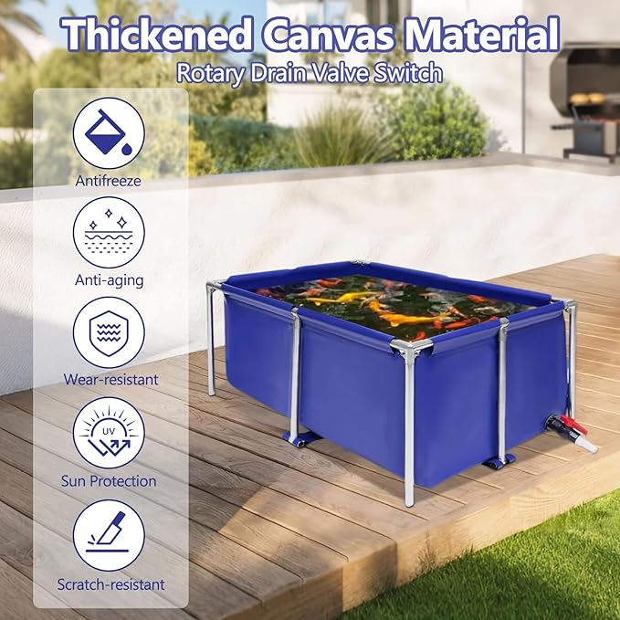 Foldable Canvas Fish Pond, 47x31x19inch Portable Aquarium Fish Water Tank Koi Breeding Pond with Drain Valve, Indoor Outdoor Wterproof Aquaculture Pool Pond for Fish Farming, Aquatic Products
