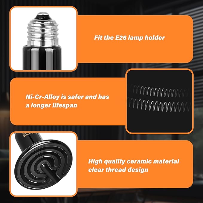 HealSmart Reptile Heat Lamp 75W 2-Pack Ceramic Heat Emitter, No Light Emitting Heat Bulbs for Amphibian Pet Brooder Coop Incubating Chicken, Lizard Bearded Dragon Turtle Snake Terrarium, Black