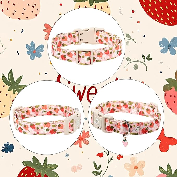 Strawberry Dog Collar for Large Dogs - Cute Spring Pink Dog Collars, Summer Pastel Puppy Collars, Soft Adjustable Boy Girl Dogs Collar with Quick-Release Buckle XL
