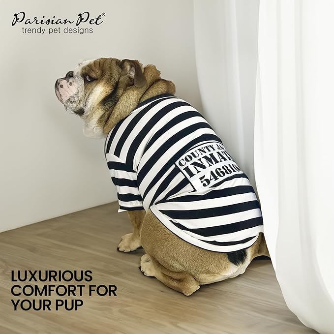 Parisian Pet Prisoner Dog Shirt - Black and White Striped Cotton Costume - Lightweight Polyester Sleeved Outfit for Large Dogs - Pet Clothes - 5XL