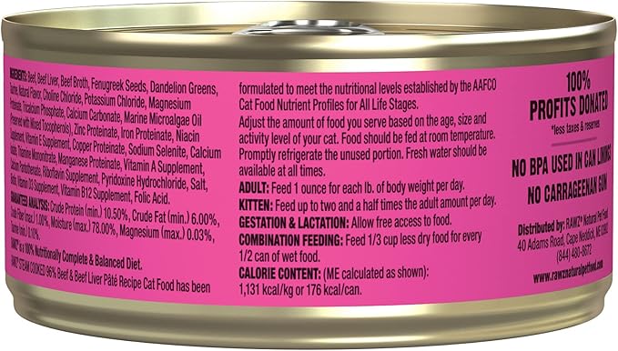 Rawz Natural Premium Pate Canned Cat Wet Food - Made with Real Meat Ingredients No BPA or Gums - 5.5oz Cans 24 Count (Beef & Beef Liver)