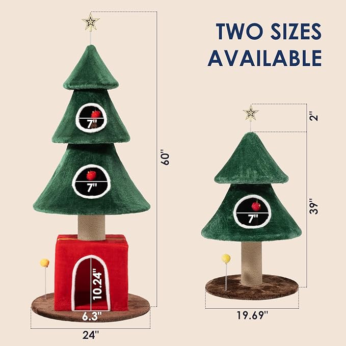 60" Tall Christmas Cat Tree with Three Entrances, Stable Christmas Cat Tower with Scratching Posts and Gift Box, for Indoor Cats (60" Tall)