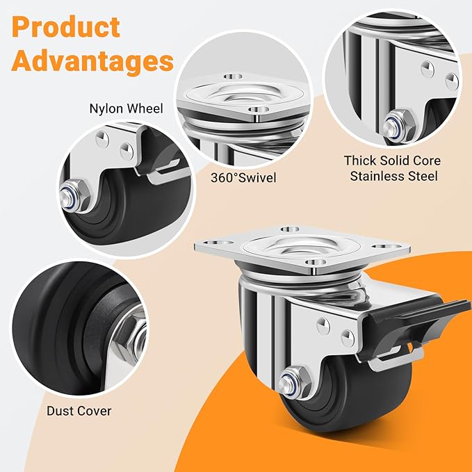 Nefish 2.5 Inch Heavy Duty Stainless Steel Low Gravity Casters, SUS 304 Industrial Grade Stainless Steel Caster Wheels with Brakes, Durable Castors Set of 4 with Nylon Wheels for Industrial, Equipment