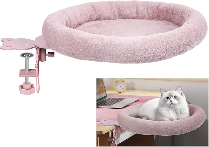 Rotating Cat Desk Bed - 40 LBS Chair-Side Cat Sleeping Basket with Bed for Desk, 360° Swivel & Removable Washable Cushion for Office Comfort(Pink