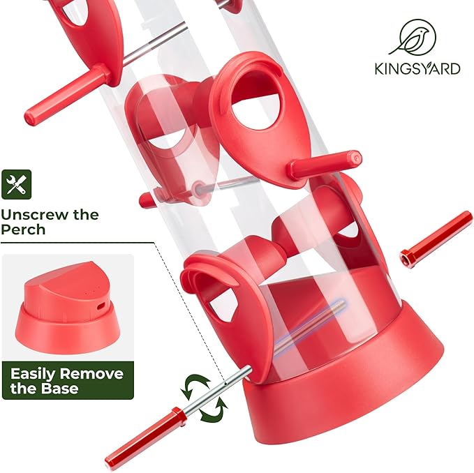 Kingsyard 2 Pack Tube Bird Feeder for Outdoors Hanging, Removable Base and Perch, 6 Feeding Ports - Easy to Clean, Premium Hard Plastic, Attracting for Finches Cardinals (Red)