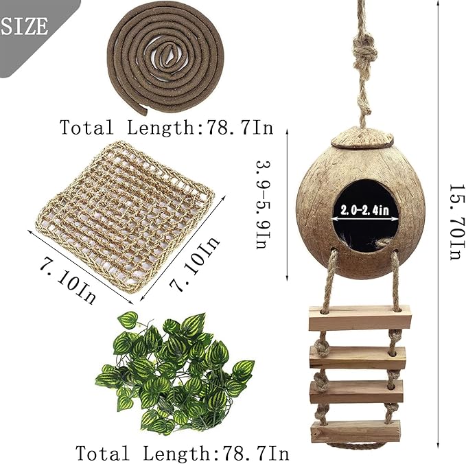 Lizard Coco Den with Ladder,Leopard Gecko Coconut Husk Hut Hideout Home Reptile Hammock Climbing Hanging Plants Decor Habitat Tank Accessories for Bearded Dragon Snake Chameleon