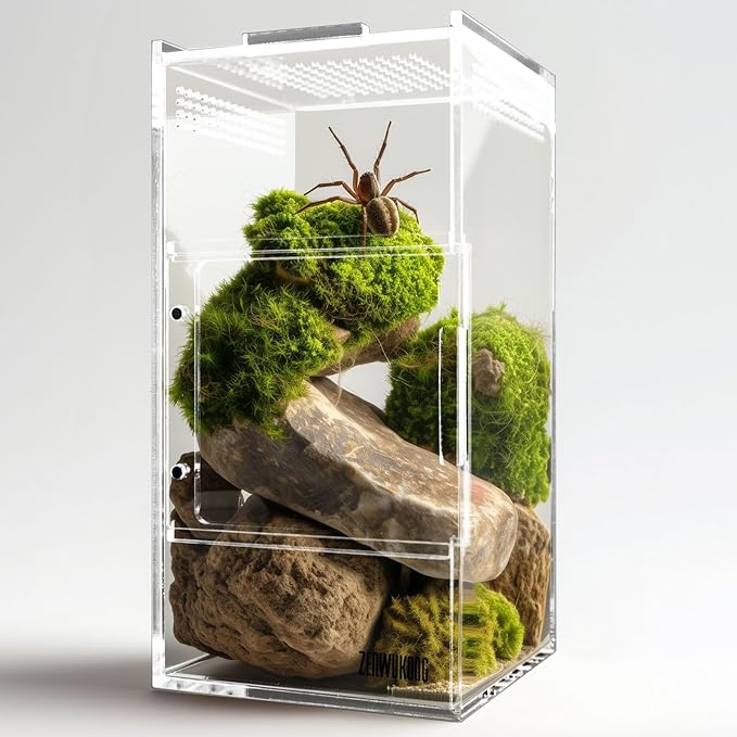 Jumping Spider Enclosure - Acrylic Terrarium Habitat for Spiders, Tarantulas, Snail, Mantis, Lizard, and Small Reptiles, Magnetic Doors (3x3x6 inch)