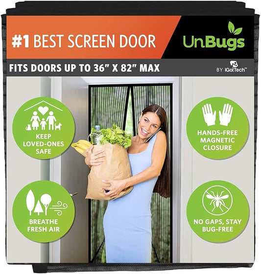 UnBugs Magnetic Screen Door - Fits Doors up to 36 x 82 Inches MAX - Pet & Kid Friendly, Self-Closing - Hands Free Magnet Closure Keeps Bugs Out & Breeze in