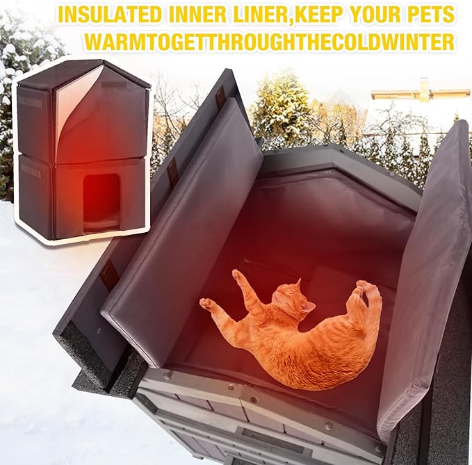Aivituvin Outdoor Heated Cat House Two Story Feral Cat Shelter Weatherproof Cat Enclosure for Winter Kitty Condo with Escape Doors