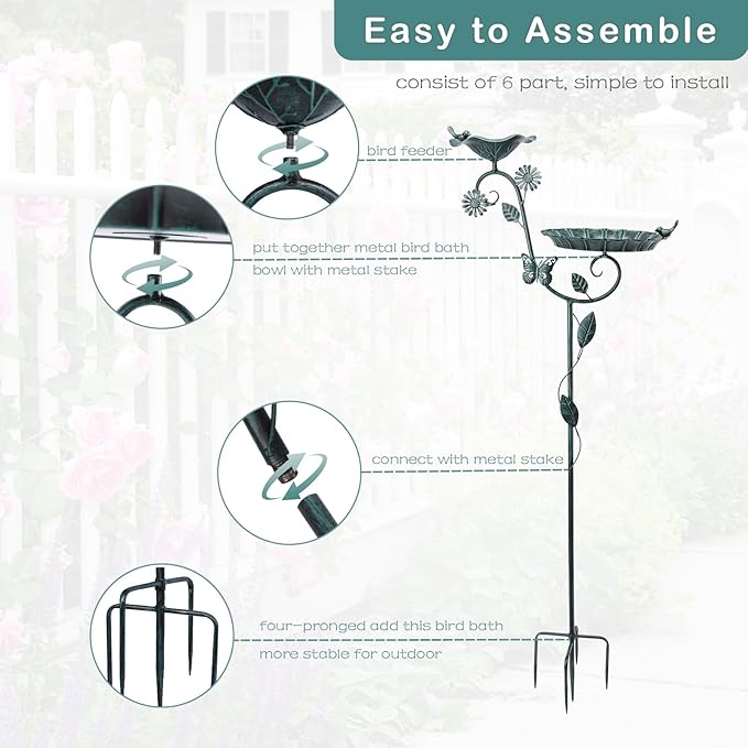 MUMTOP Bird Baths and Feeder for Outdoors, 53 inch Height Metal Birdbath Antique Garden Bird Feeder with Metal Stake for Garden Outside Yard Lawn Decorations, Green