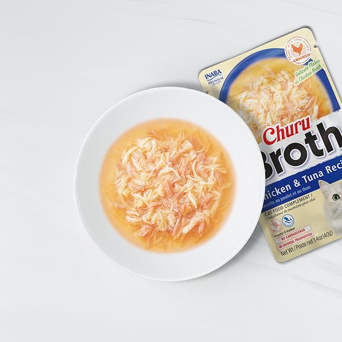 INABA Churu Broth for Cats, Creamy Broth with Shredded Chicken Side Dish Pouch, 1.4 Ounces per Pouch, 12 Pouches, Chicken & Seafood Variety (Pack of 2)