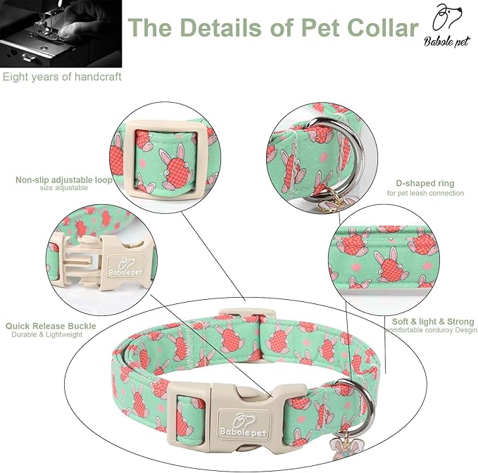 Easter Dog Collar for Small Dogs - Green Bunny Egg Dog Collars, Cute Boy Girl Dogs Easter Collar, Adjustable Spring Holiday Pet Collars with Quick Release Buckle S