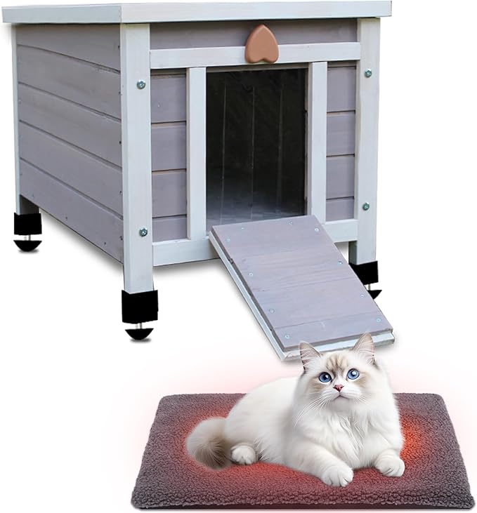 Rockever Outdoor Cat House,Outdoor cat Houses for Feral Cats Weatherproof Rabbit Hutch Small, Wooden Small Pet House and Habitats-Grey with Mat