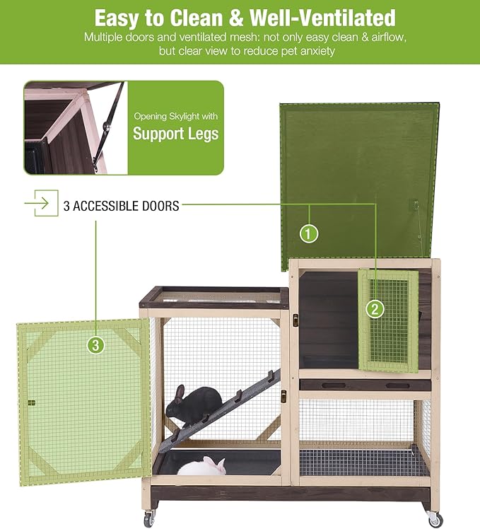 GUTINNEEN Rabbit Hutch Indoor and Outdoor, Rabbit Cage on Wheels with 2 Deep Pull Out Trays, Wooden Bunny Cage with Non-silp Ramp and Sliding Door, Mesh-Coffee Color