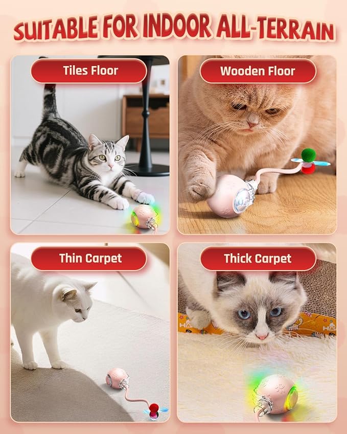 Interactive Cat Toys for Indoor Cats, 2025 Upgraded 360° Anti-chew Safe Material Moving Cat Ball with Tail, Interactive Cat Toys for Bored Indoor Adult Cats to Keep Them Busy (Pink, 2.2in)