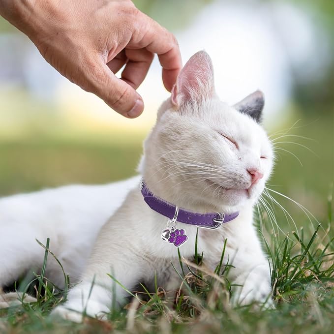 SCENEREAL Cat Collar with Bells, Leather Cat Collars with Paw Studded, Adjustable Pet Collars for Boy Girl Cats,Soft Cute Cat Collar for Kitty Puppy Small Big Cats, Purple