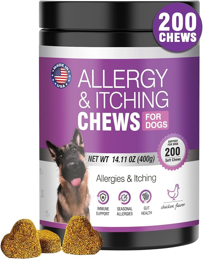 Dog Allergy Chews 200ct - Dog Allergy and Itching Skin Relief Anti Itch Aller Immune Bites for Dogs Licking Paws Treatment Relief Itchy Chew Probiotics Vitamins for Skin and Coat Allergies - Chicken