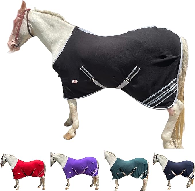 Majestic Ally Anti Pill Fleece Horse Blanket/Sheet with Silver Braided Rope (Black, 78)