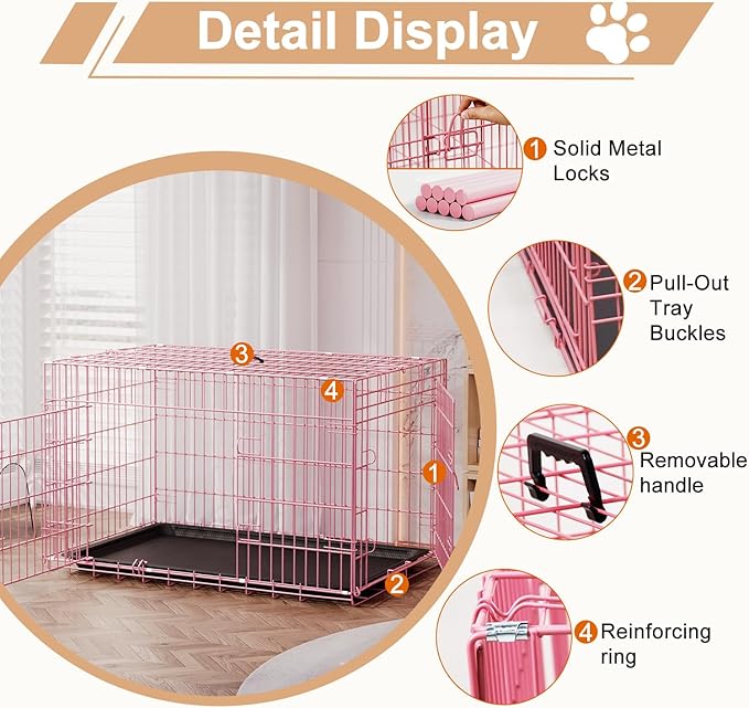FDW Large Dog Crate 42inch Dog Cage Foldable Metal Kennel with Leakproof Tray Foldable Design Indoor Outdoor Use for Large Dogs,Pink
